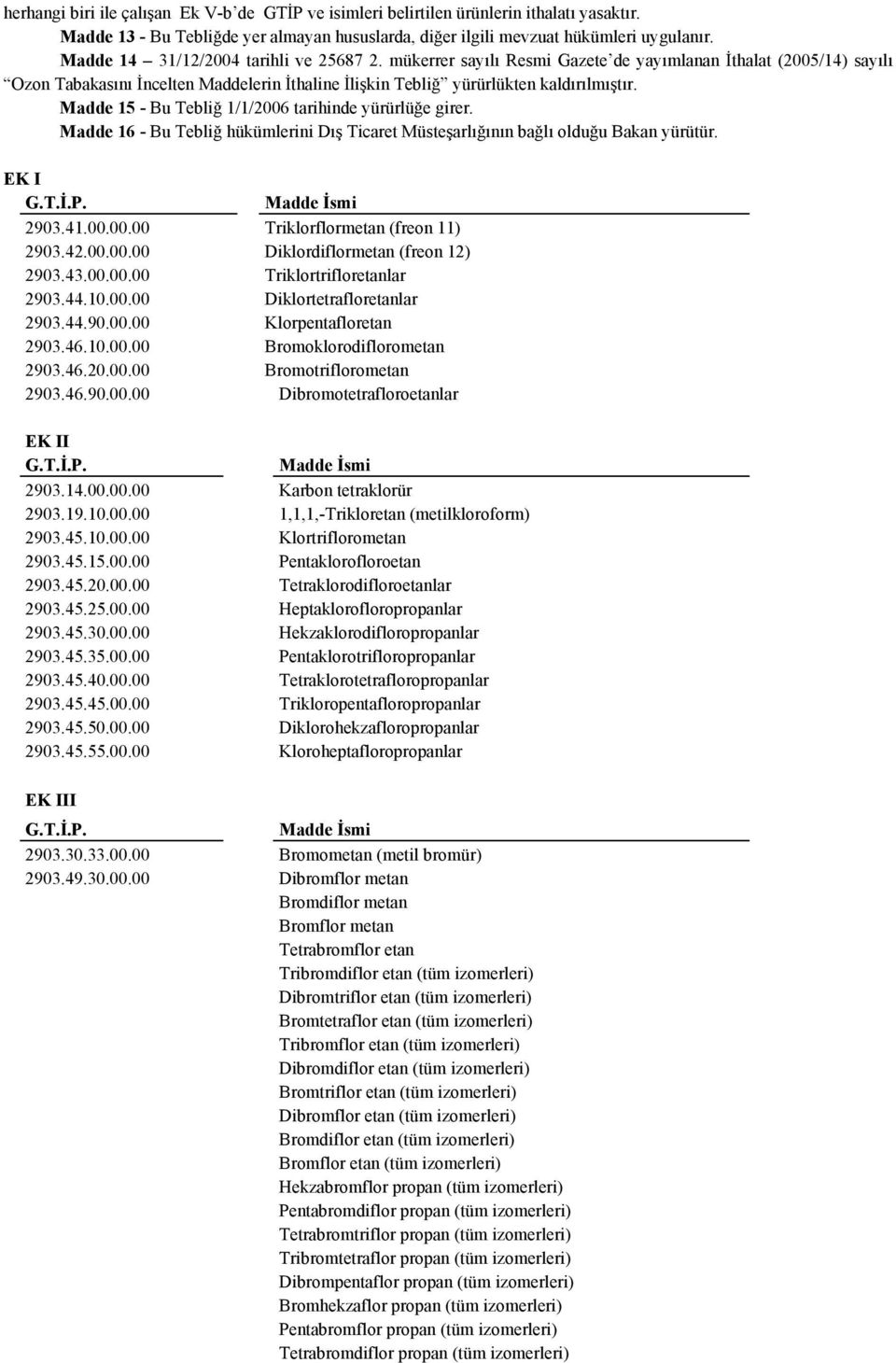 Madde 15 - Bu Tebliğ 1/1/2006 tarihinde yürürlüğe girer. Madde 16 - Bu Tebliğ hükümlerini Dış Ticaret Müsteşarlığının bağlı olduğu Bakan yürütür. EK I 2903.41.00.00.00 Triklorflormetan (freon 11) 2903.