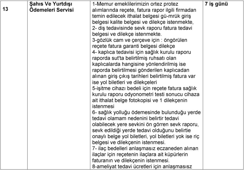 3-gözlük cam ve çerçeve için : öngörülen reçete fatura garanti belgesi dilekçe 4- kaplıca tedavisi için sağlık kurulu raporu raporda sut'ta belirtilmiş ruhsatı olan kaplıcalarda hangisine