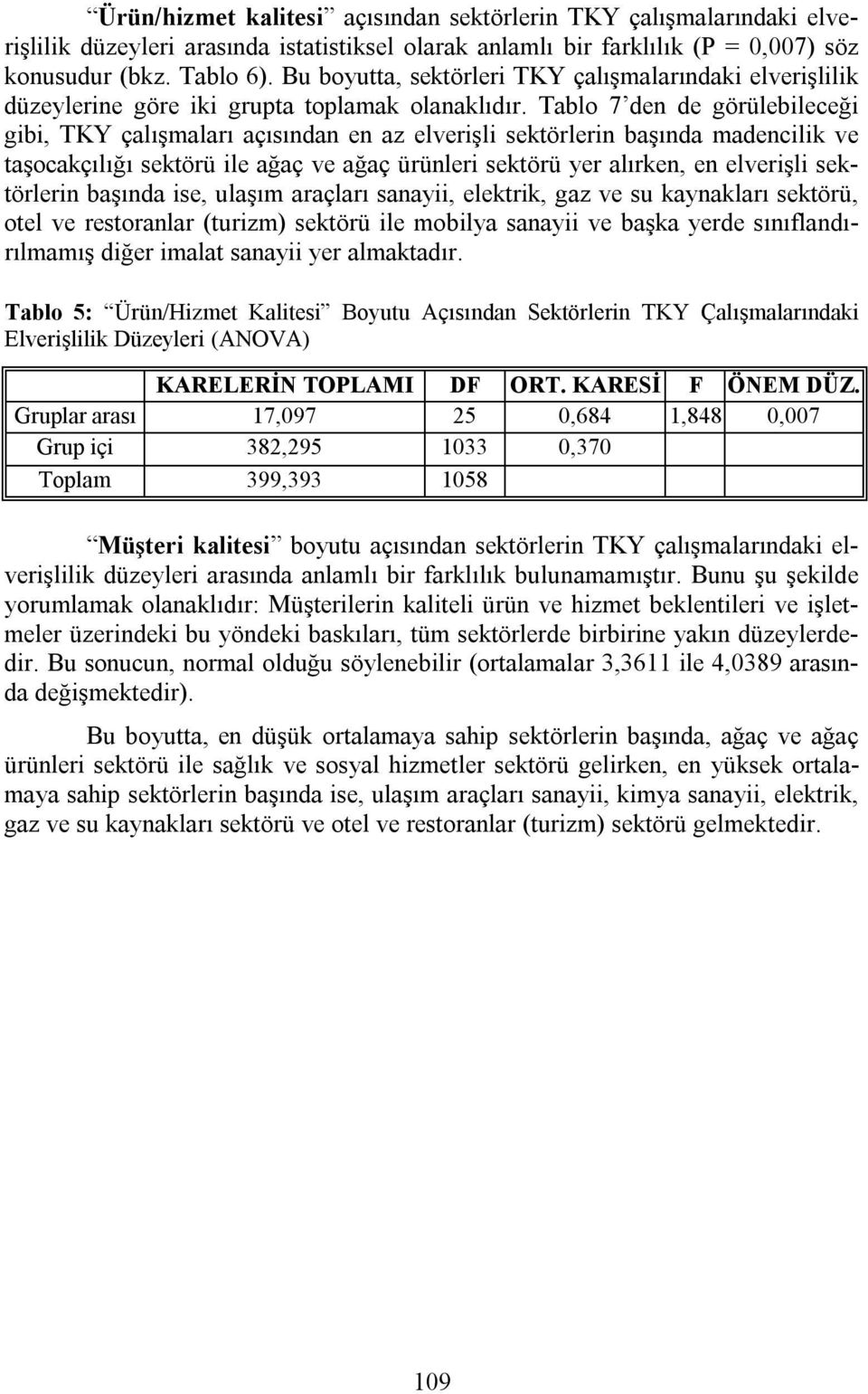 Tablo 7 den de görülebileceği gibi, TKY çalışmaları açısından en az elverişli sektörlerin başında madencilik ve taşocakçılığı sektörü ile ağaç ve ağaç ürünleri sektörü yer alırken, en elverişli