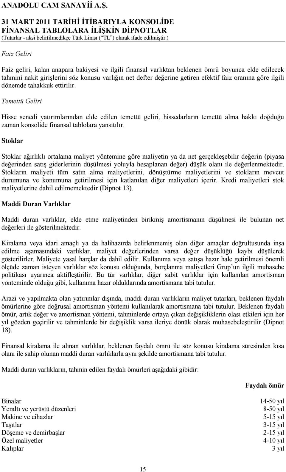 Temettü Geliri Hisse senedi yatırımlarından elde edilen temettü geliri, hissedarların temettü alma hakkı doğduğu zaman konsolide finansal tablolara yansıtılır.