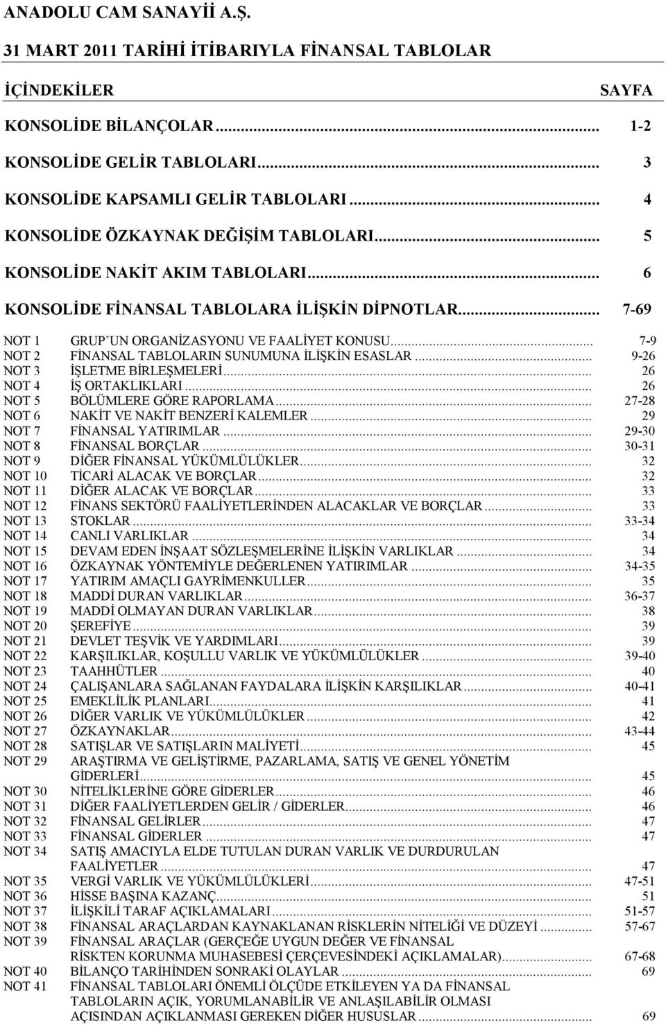 .. 7-9 NOT 2 FİNANSAL TABLOLARIN SUNUMUNA İLİŞKİN ESASLAR... 9-26 NOT 3 İŞLETME BİRLEŞMELERİ... 26 NOT 4 İŞ ORTAKLIKLARI... 26 NOT 5 BÖLÜMLERE GÖRE RAPORLAMA.