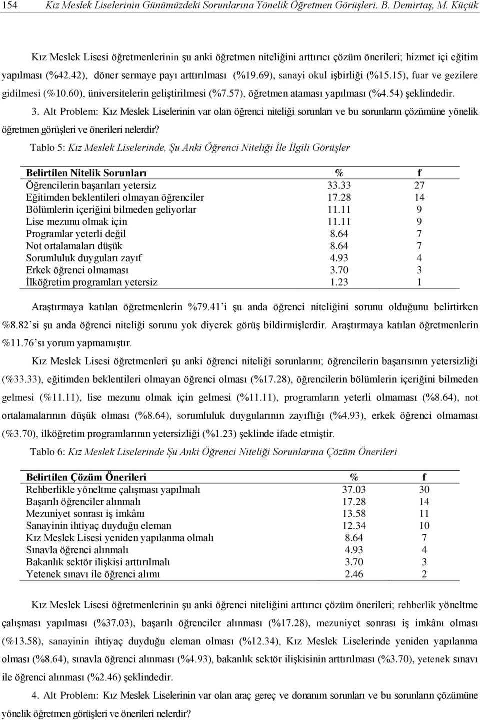 69), sanayi okul işbirliği (%15.15), fuar ve gezilere gidilmesi (%10.60), üniversitelerin geliştirilmesi (%7.57), öğretmen ataması yapılması (%4.54) şeklindedir. 3.