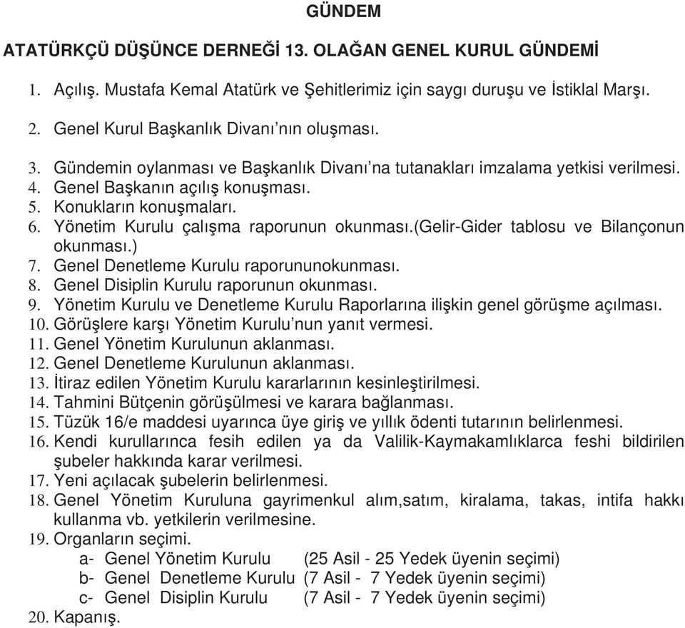 (gelir-gider tablosu ve Bilançonun okunmas.) 7. Genel Denetleme Kurulu raporununokunmas. 8. Genel Disiplin Kurulu raporunun okunmas. 9.