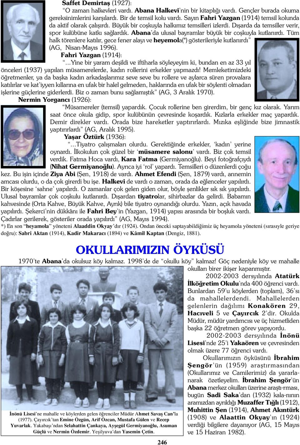 Abana da ulusal bayramlar büyük bir coflkuyla kutlan rd. Tüm halk törenlere kat l r, gece fener alay ve heyemola(*) gösterileriyle kutlan rd (AG, Nisan-May s 1996). Fahri Yazgan (1914):.