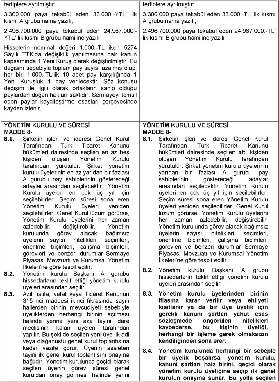 Söz konusu değişim ile ilgili olarak ortakların sahip olduğu paylardan doğan hakları saklıdır. Sermayeyi temsil eden paylar kaydileştirme esasları çerçevesinde kayden izlenir.