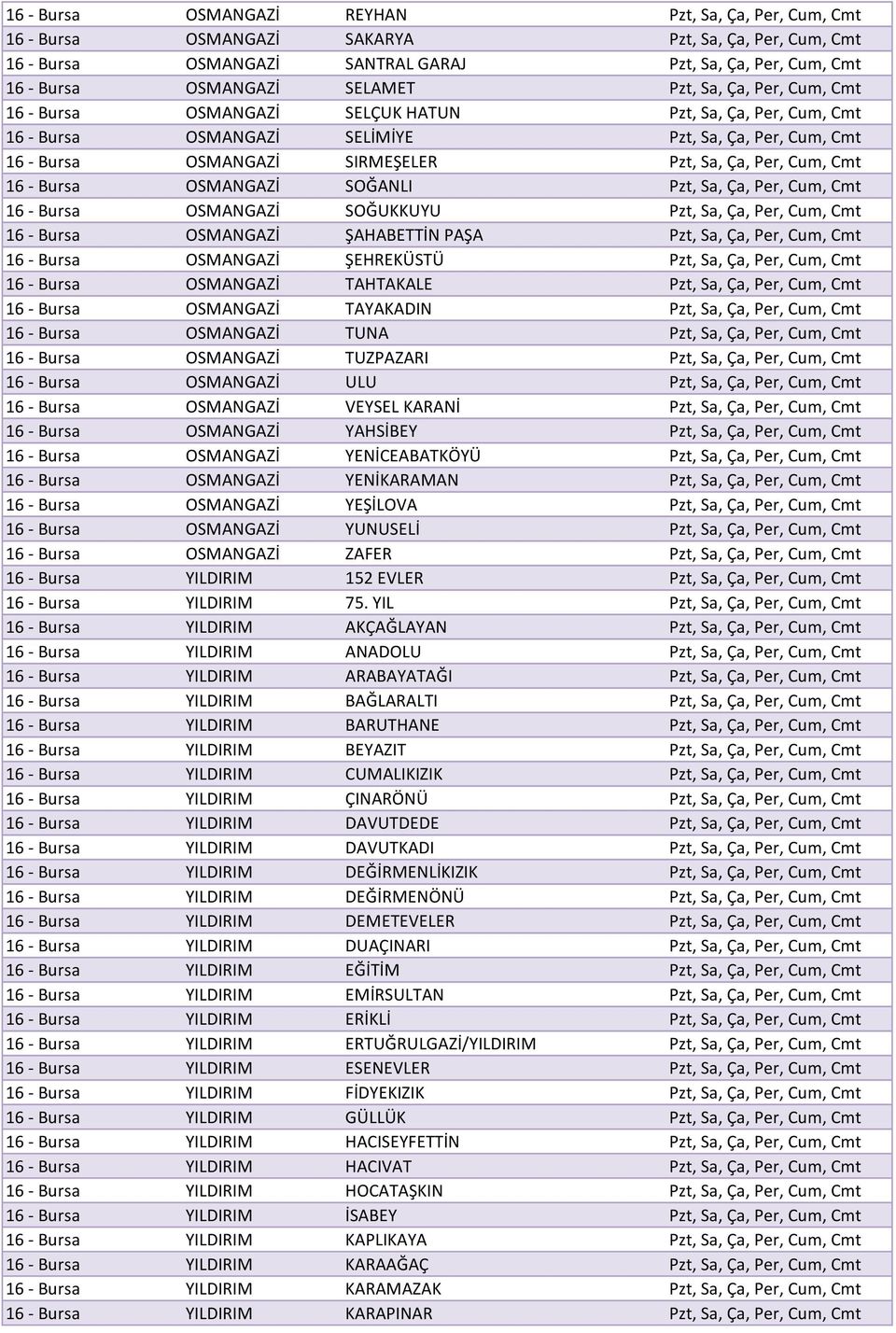 Per, Cum, Cmt 16 - Bursa OSMANGAZİ SOĞANLI Pzt, Sa, Ça, Per, Cum, Cmt 16 - Bursa OSMANGAZİ SOĞUKKUYU Pzt, Sa, Ça, Per, Cum, Cmt 16 - Bursa OSMANGAZİ ŞAHABETTİN PAŞA Pzt, Sa, Ça, Per, Cum, Cmt 16 -