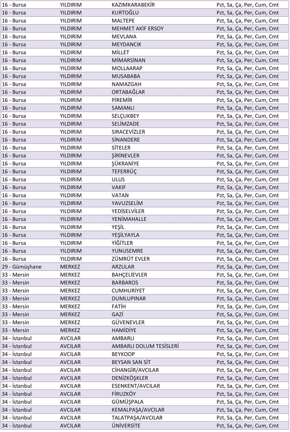 Cmt 16 - Bursa YILDIRIM MİMARSİNAN Pzt, Sa, Ça, Per, Cum, Cmt 16 - Bursa YILDIRIM MOLLAARAP Pzt, Sa, Ça, Per, Cum, Cmt 16 - Bursa YILDIRIM MUSABABA Pzt, Sa, Ça, Per, Cum, Cmt 16 - Bursa YILDIRIM
