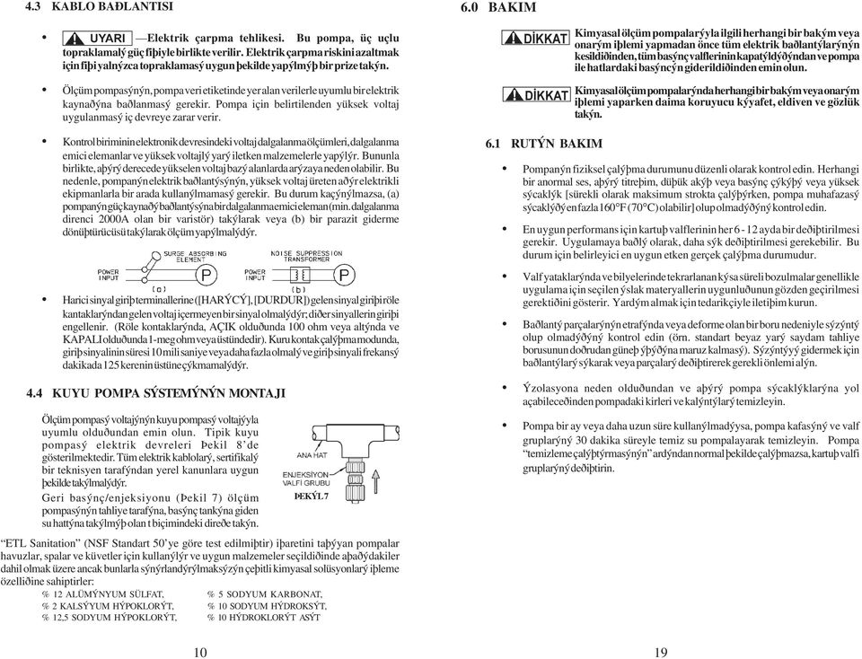 Ölçüm pompasýnýn, pompa veri etiketinde yer alan verilerle uyumlu bir elektrik kaynaðýna baðlanmasý gerekir. Pompa için belirtilenden yüksek voltaj uygulanmasý iç devreye zarar verir.