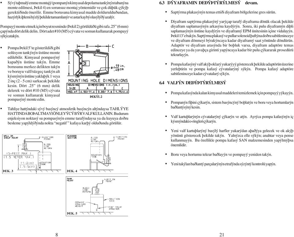 25 (6 mm) çapýnda dört delik delin. Dört adet #10 (M5) cývata ve somun kullanarak pompayý sýkýca takýn. Pompa Þekil 5 te gösterildiði gibi solüsyon tankýnýn üstüne monte edilebilir.