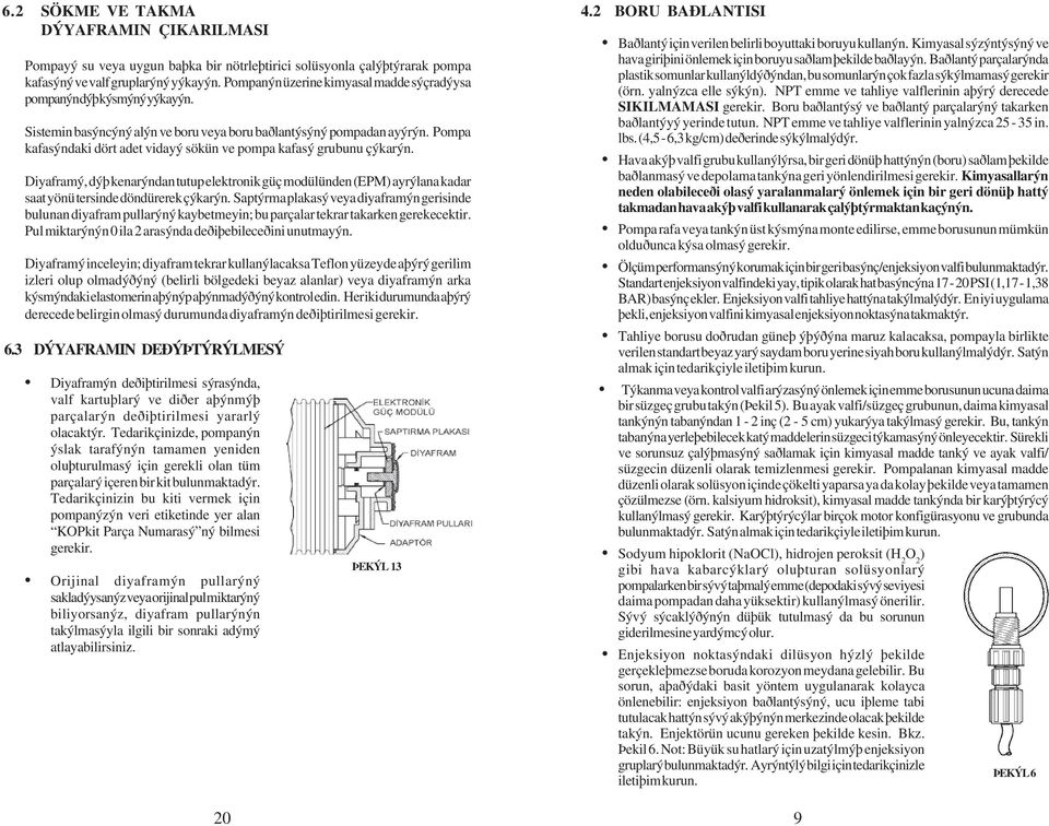 Pompa kafasýndaki dört adet vidayý sökün ve pompa kafasý grubunu çýkarýn. Diyaframý, dýþ kenarýndan tutup elektronik güç modülünden (EPM) ayrýlana kadar saat yönü tersinde döndürerek çýkarýn.