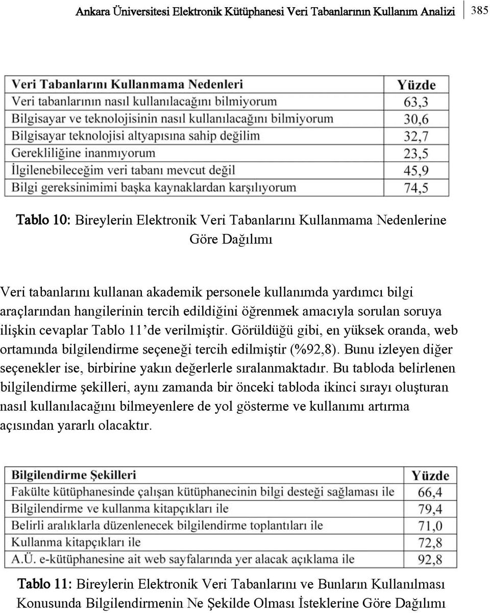 Görüldüðü gibi, en yüksek oranda, web ortamýnda bilgilendirme seçeneði tercih edilmiþtir (%92,8). Bunu izleyen diðer seçenekler ise, birbirine yakýn deðerlerle sýralanmaktadýr.