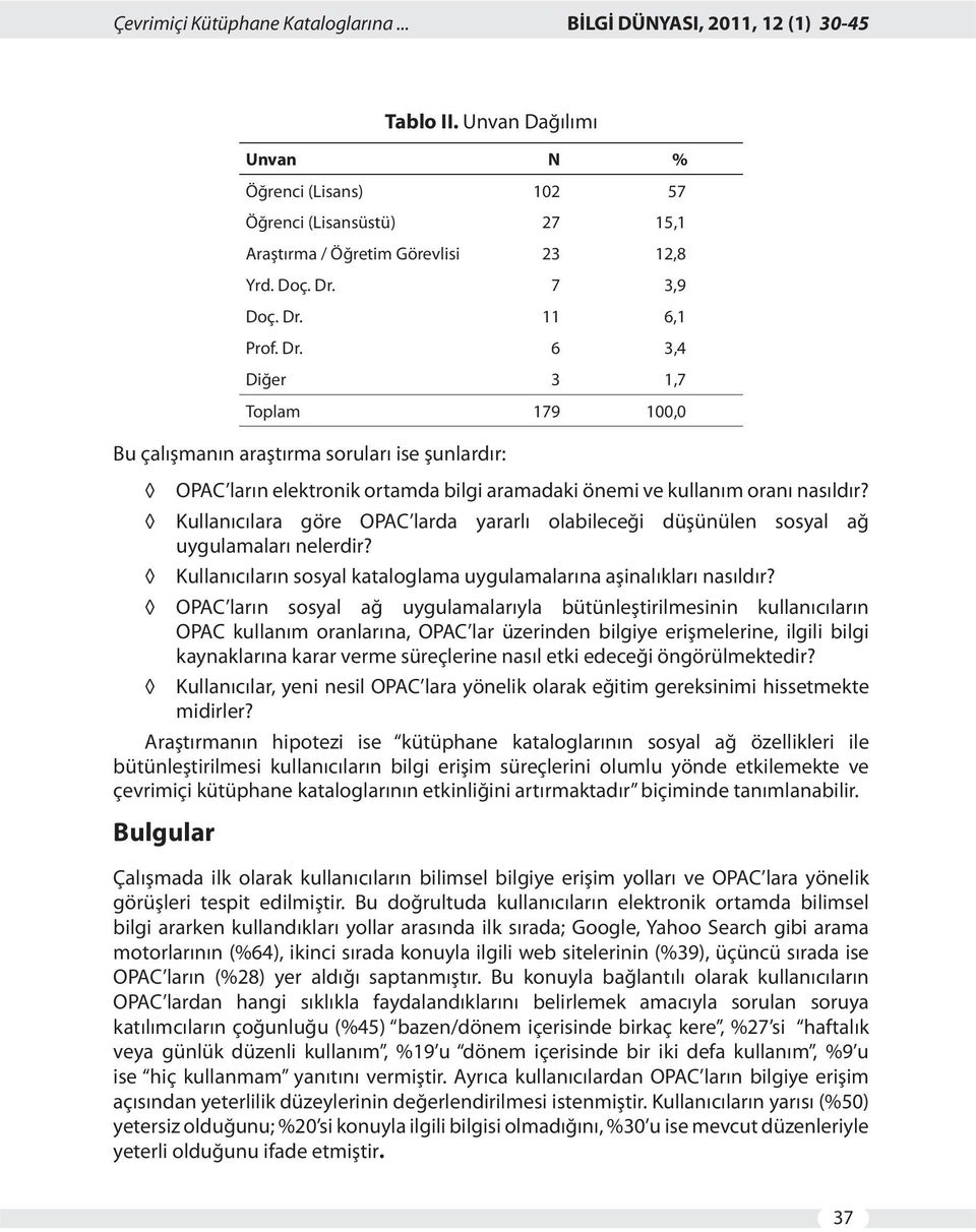 OPAC ların sosyal ağ uygulamalarıyla bütünleştirilmesinin kullanıcıların OPAC kullanım oranlarına, OPAC lar üzerinden bilgiye erişmelerine, ilgili bilgi kaynaklarına karar verme süreçlerine nasıl