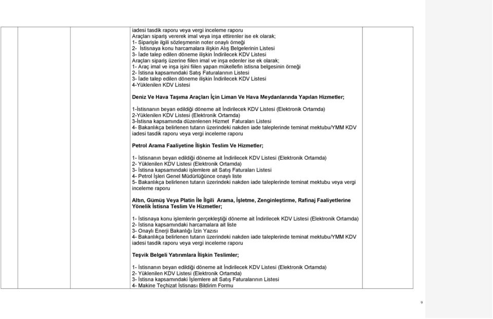 İstisna kapsamındaki Satış Faturalarının Listesi 3- İade talep edilen döneme ilişkin İndirilecek KDV Listesi 4-Yüklenilen KDV Listesi Deniz Ve Hava Taşıma Araçları İçin Liman Ve Hava Meydanlarında