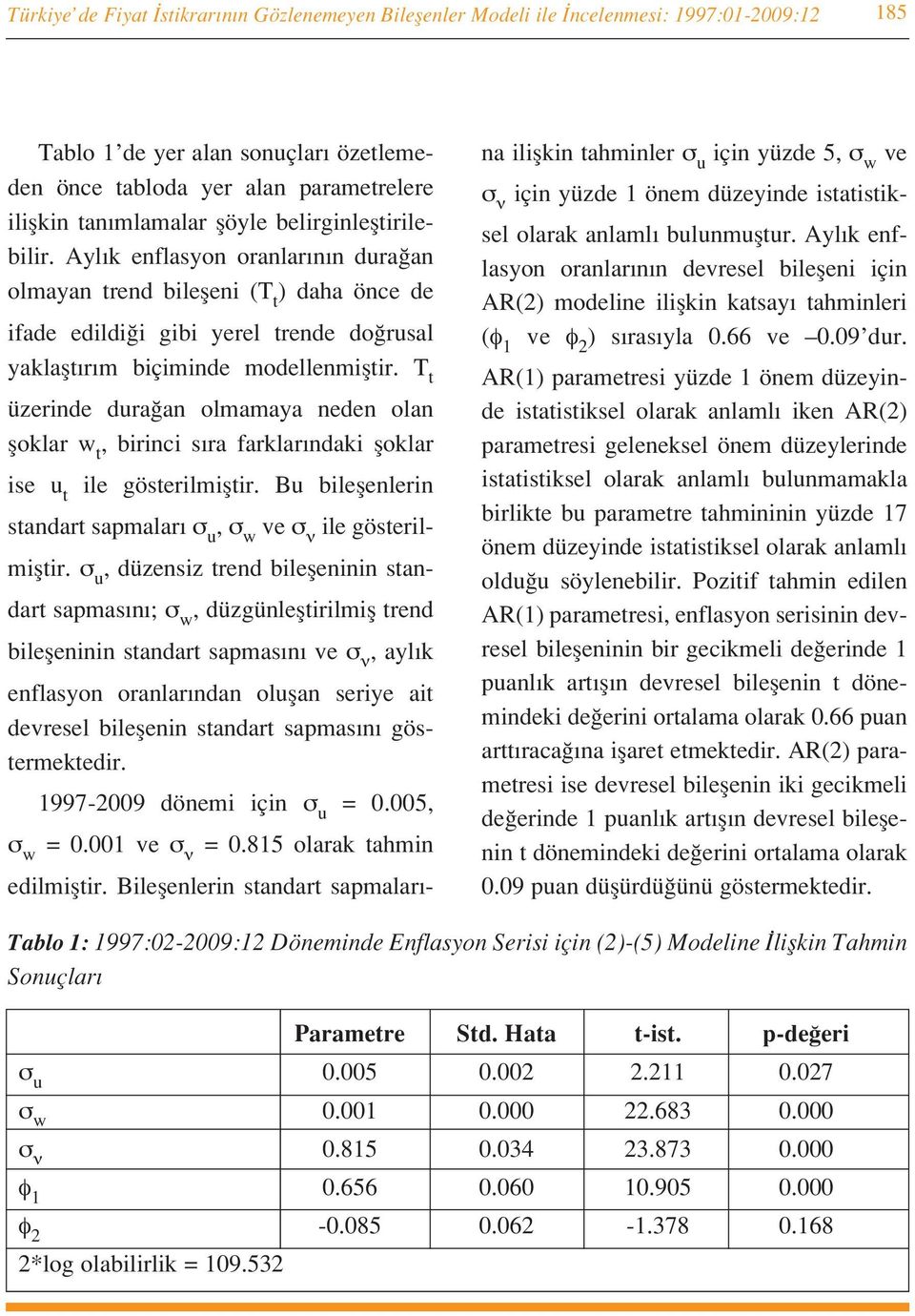 T t üzerinde dura an olmamaya neden olan floklar w t, birinci s ra farklar ndaki floklar ise u t ile gösterilmifltir. Bu bileflenlerin standart sapmalar σ u, σ w ve σ ν ile gösterilmifltir.