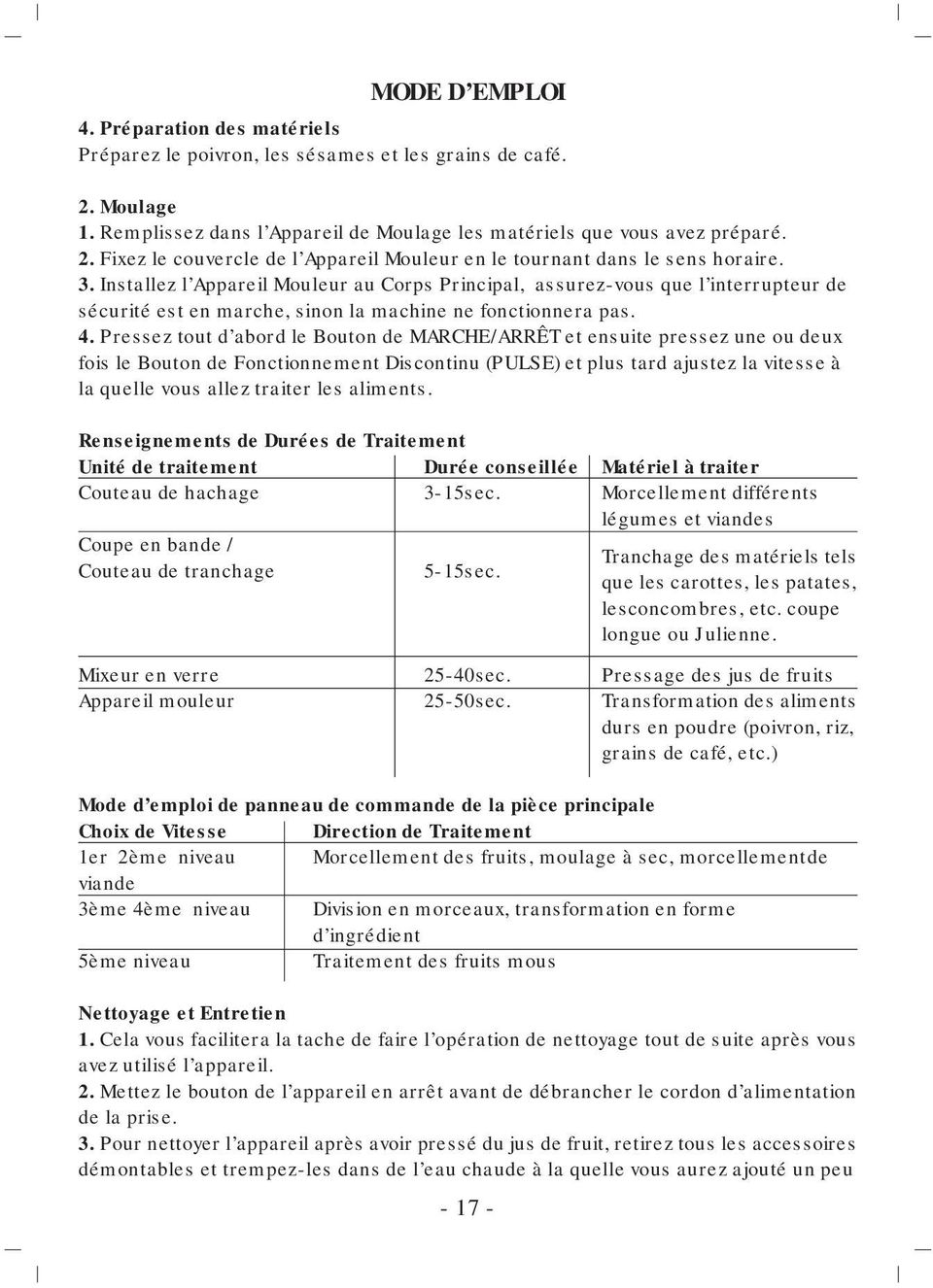 Pressez tout d abord le Bouton de MARCHE/ARRÊT et ensuite pressez une ou deux fois le Bouton de Fonctionnement Discontinu (PULSE) et plus tard ajustez la vitesse à la quelle vous allez traiter les