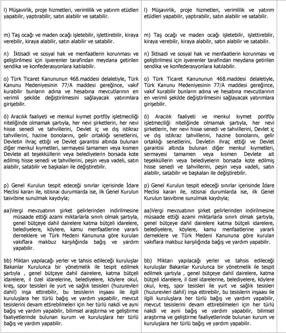 n) Đktisadi ve sosyal hak ve menfaatlerin korunması ve geliştirilmesi için işverenler tarafından meydana getirilen sendika ve konfederasyonlara katılabilir. o) Türk Ticaret Kanununun 468.