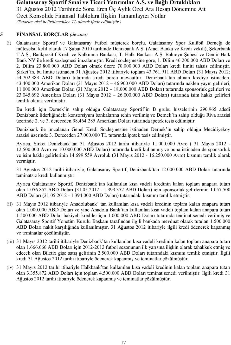 Dilim 23.800.000 ABD Doları olmak üzere 70.000.000 ABD Doları kredi limiti tahsis edilmiştir. Şirket in, bu limite istinaden 31 Ağustos 2012 itibariyle toplam 43.761.911 ABD Doları (31 Mayıs 2012: 54.