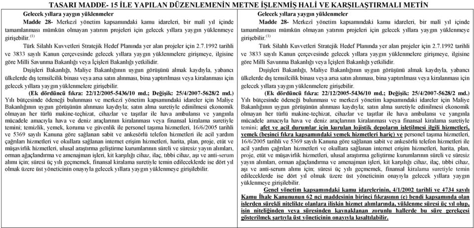 1992 tarihli ve 3833 sayılı Kanun çerçevesinde gelecek yıllara yaygın yüklenmelere girişmeye, ilgisine göre Milli Savunma Bakanlığı veya İçişleri Bakanlığı yetkilidir.