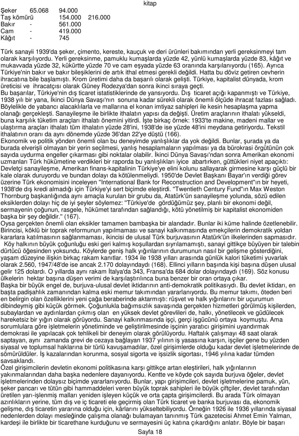 Yerli gereksinme, pamuklu kumaşlarda yüzde 42, yünlü kumaşlarda yüzde 83, kâğıt ve mukavvada yüzde 32, kükürtte yüzde 70 ve cam eşyada yüzde 63 oranında karşılanıyordu (165).