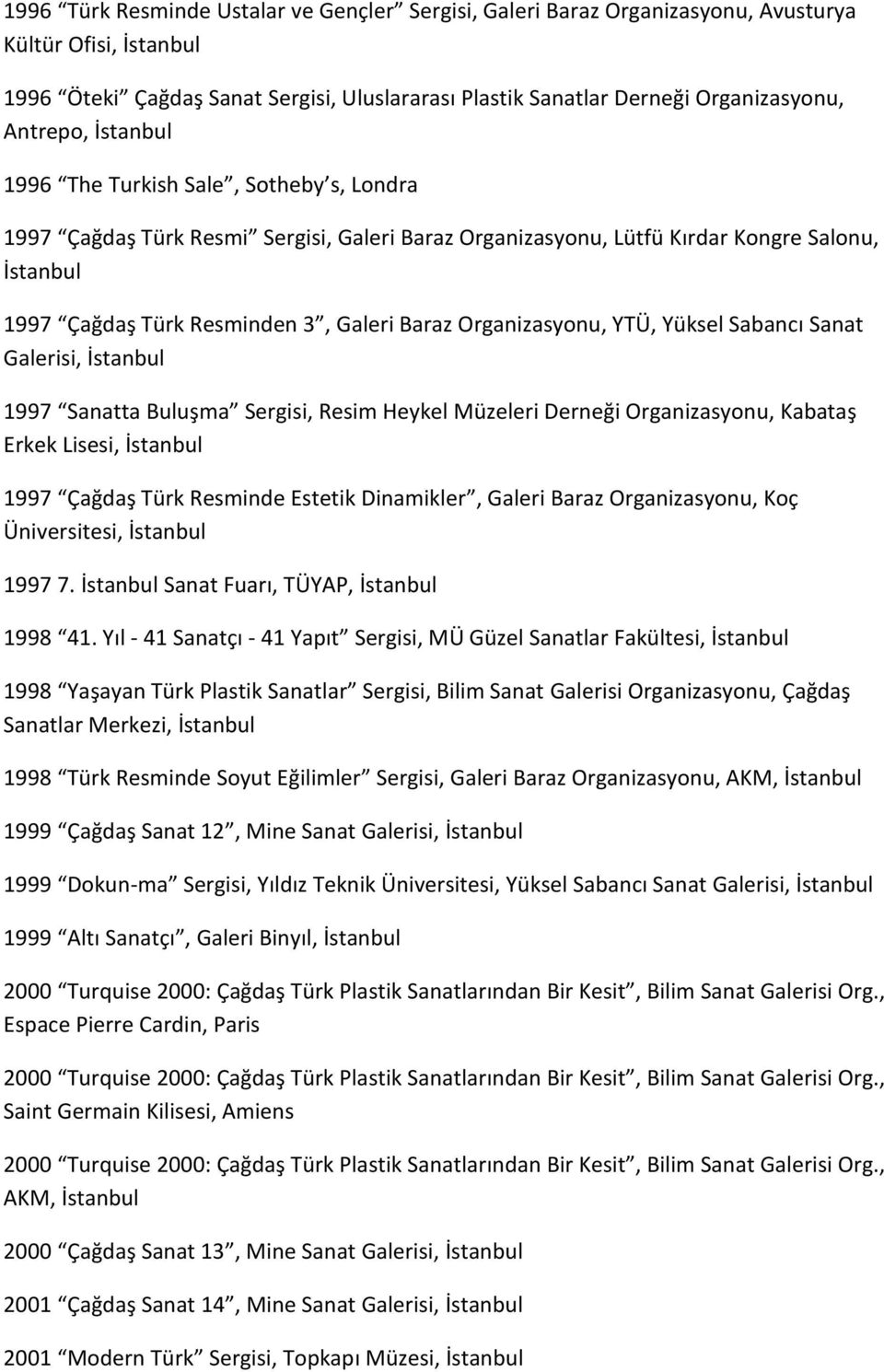 Organizasyonu, YTÜ, Yüksel Sabancı Sanat 1997 Sanatta Buluşma Sergisi, Resim Heykel Müzeleri Derneği Organizasyonu, Kabataş Erkek Lisesi, İstanbul 1997 Çağdaş Türk Resminde Estetik Dinamikler, Galeri