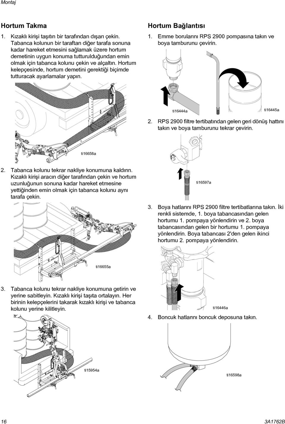 Hortum kelepçesinde, hortum demetini gerektiði biçimde tutturacak ayarlamalar yapýn. Hortum Baðlantýsý 1. Emme borularýný RPS 2900 pompasýna takýn ve boya tamburunu çevirin. ti16444a ti16445a 2.