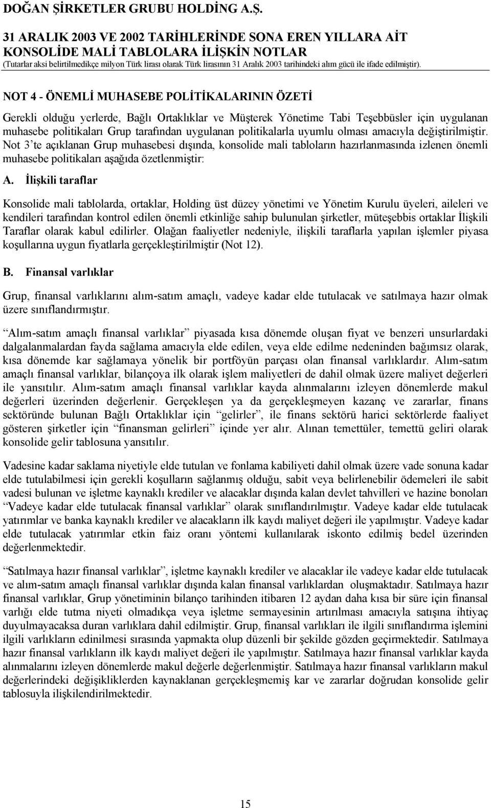 Not 3 te açıklanan Grup muhasebesi dışında, konsolide mali tabloların hazırlanmasında izlenen önemli muhasebe politikaları aşağıda özetlenmiştir: A.