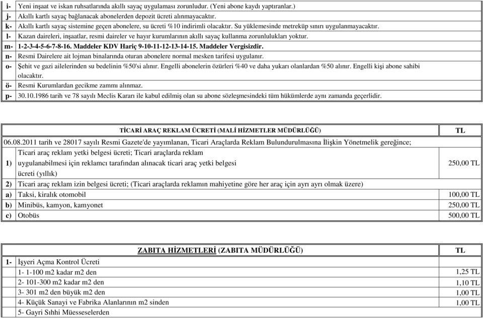 l- Kazan daireleri, inşaatlar, resmi daireler ve hayır kurumlarının akıllı sayaç kullanma zorunlulukları yoktur. m- 1-2-3-4-5-6-7-8-16. Maddeler KDV Hariç 9-10-11-12-13-14-15. Maddeler Vergisizdir.