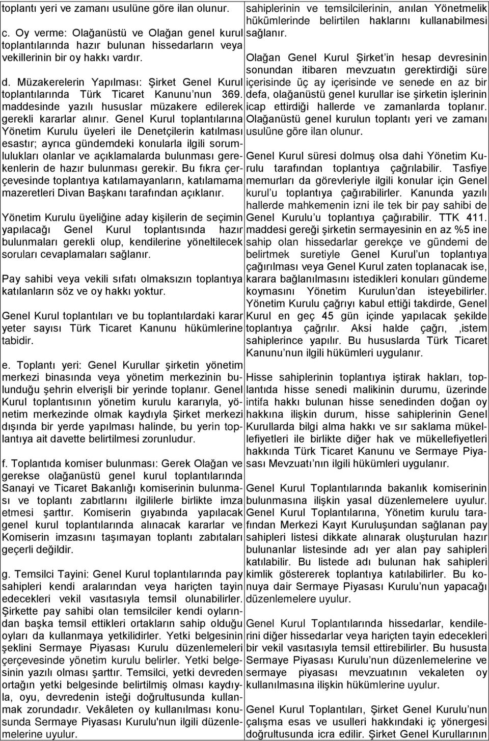 Genel Kurul toplantılarına Yönetim Kurulu üyeleri ile Denetçilerin katılması esastır; ayrıca gündemdeki konularla ilgili sorumlulukları olanlar ve açıklamalarda bulunması gerekenlerin de hazır