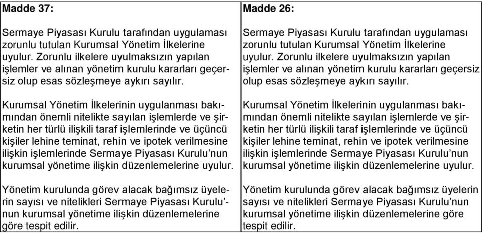 Kurumsal Yönetim İlkelerinin uygulanması bakımından önemli nitelikte sayılan işlemlerde ve şirketin her türlü ilişkili taraf işlemlerinde ve üçüncü kişiler lehine teminat, rehin ve ipotek verilmesine