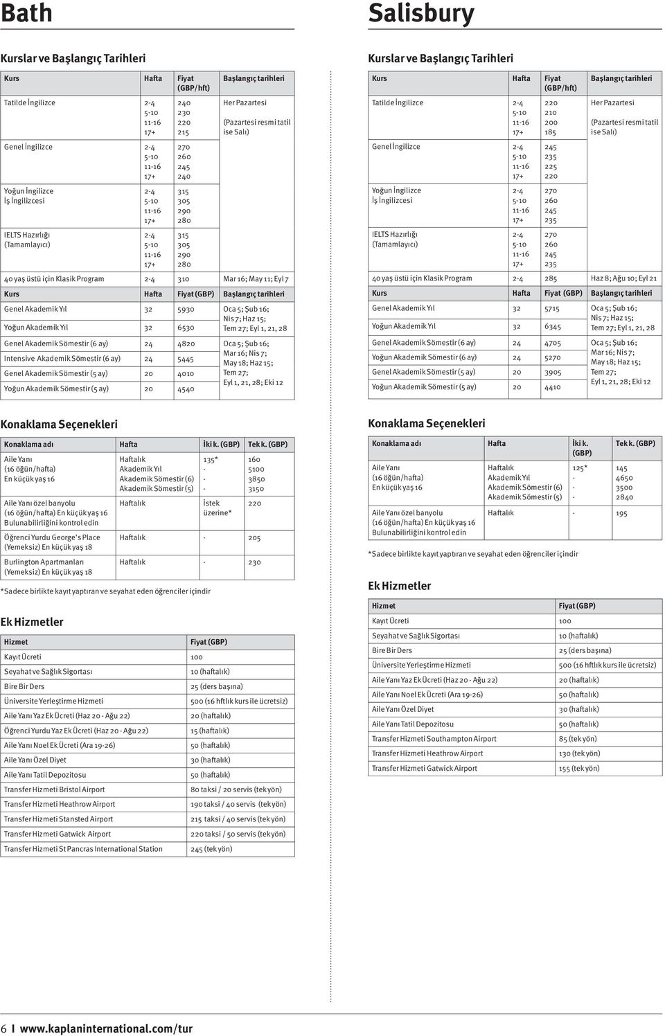 Sömestir (6 ay) 5445 Mar 16; Nis 7; May 18; Haz 15; Genel Akademik Sömestir (5 ay) 20 4010 Tem 27; Eyl 1, 21, 28; Eki 12 Yoğun Akademik Sömestir (5 ay) 20 4540 (GBP/hft) Tatilde İngilizce 1116 Genel