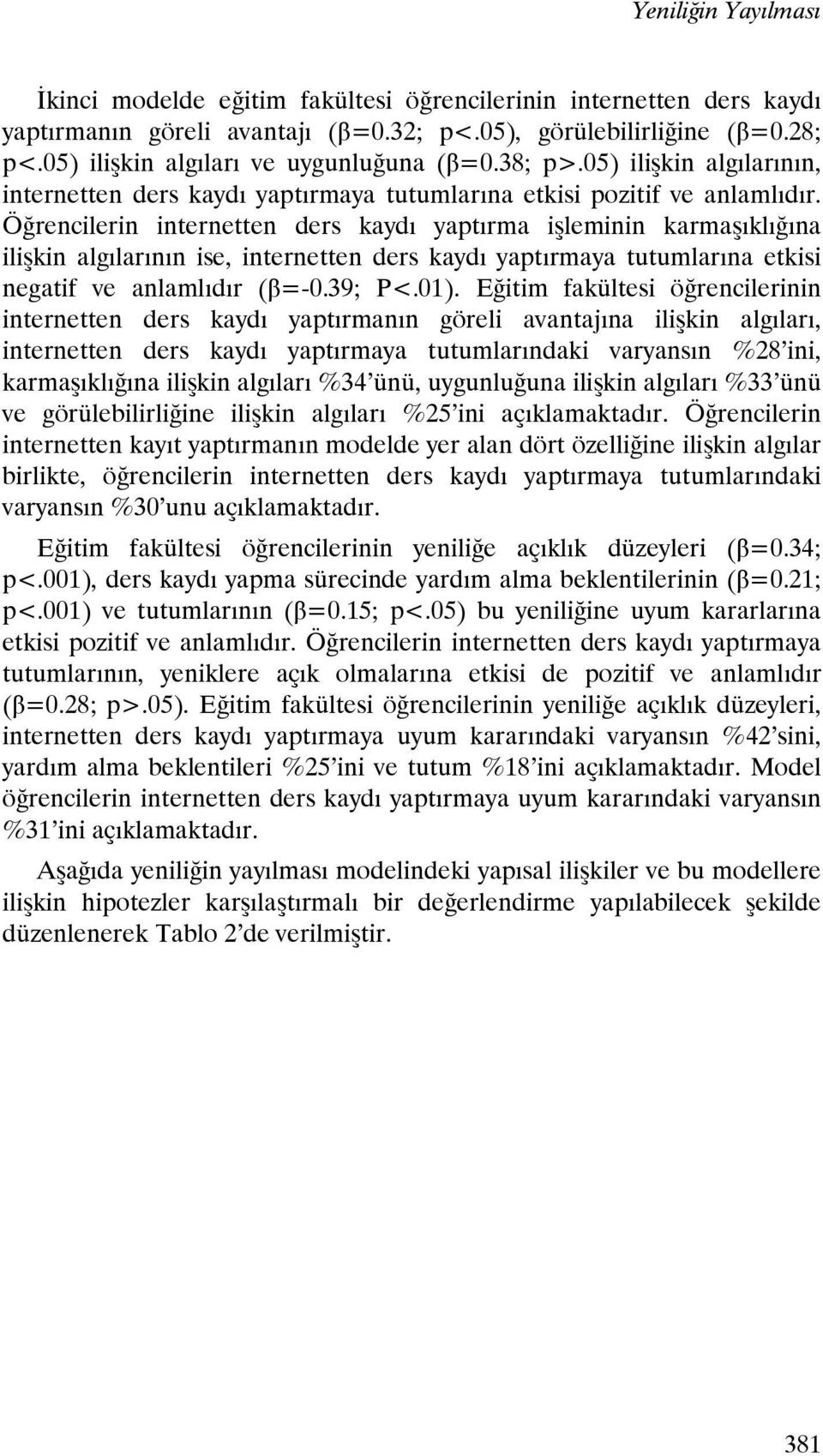 Öğrencilerin internetten ders kaydı yaptırma işleminin karmaşıklığına ilişkin algılarının ise, internetten ders kaydı yaptırmaya tutumlarına etkisi negatif ve anlamlıdır (β=-0.39; P<.01).