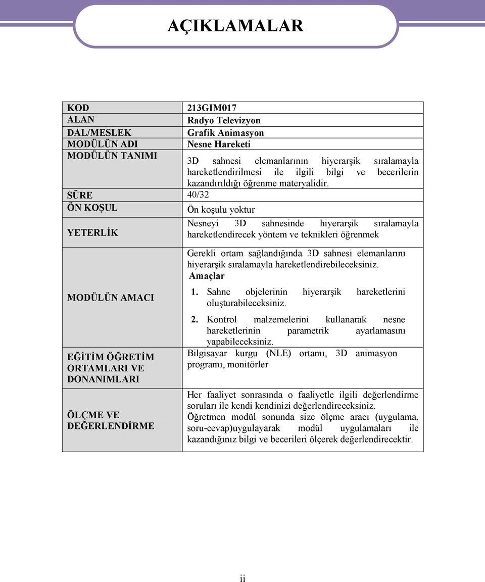 SÜRE 40/32 ÖN KOŞUL Ön koşulu yoktur YETERLİK Nesneyi 3D sahnesinde hiyerarşik sıralamayla hareketlendirecek yöntem ve teknikleri öğrenmek MODÜLÜN AMACI EĞİTİM ÖĞRETİM ORTAMLARI VE DONANIMLARI ÖLÇME