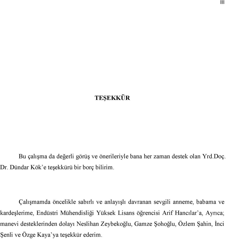 Çalışmamda öncelikle sabırlı ve anlayışlı davranan sevgili anneme, babama ve kardeşlerime, Endüstri