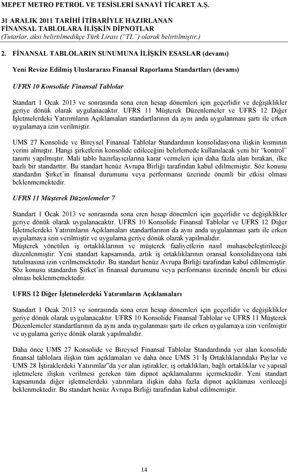 UFRS 11 Müşterek Düzenlemeler ve UFRS 12 Diğer İşletmelerdeki Yatırımların Açıklamaları standartlarının da aynı anda uygulanması şartı ile erken uygulamaya izin verilmiştir.