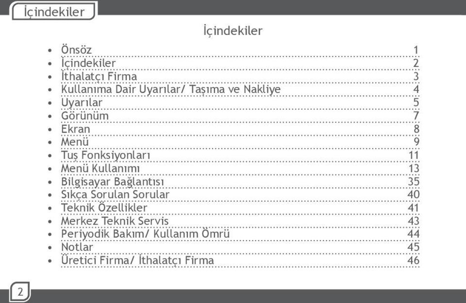 Menü Kullanımı 13 Bilgisayar Bağlantısı 35 Sıkça Sorulan Sorular 40 Teknik Özellikler 41