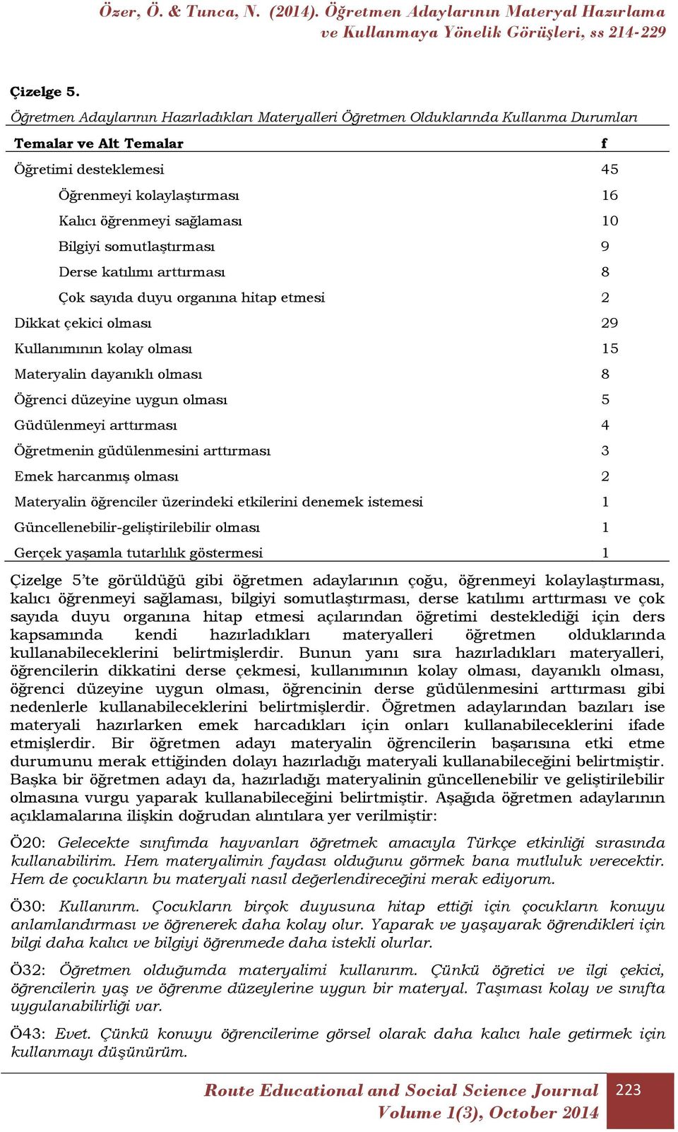 Bilgiyi somutlaştırması 9 Derse katılımı arttırması 8 Çok sayıda duyu organına hitap etmesi 2 Dikkat çekici olması 29 Kullanımının kolay olması 15 Materyalin dayanıklı olması 8 Öğrenci düzeyine uygun