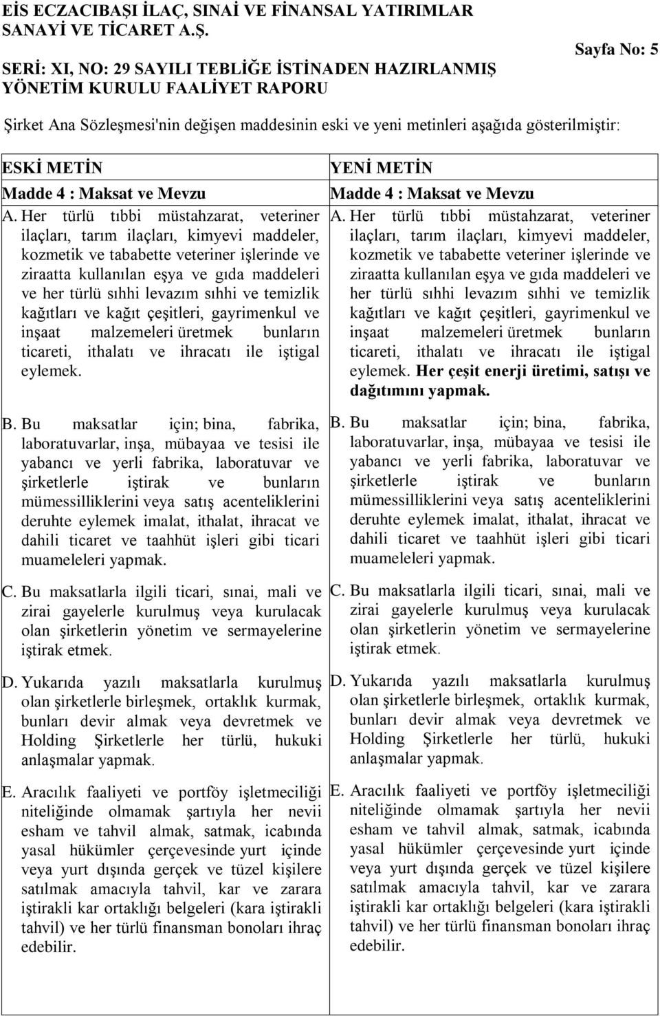 SERİ: XI, NO: 29 SAYILI TEBLİĞE İSTİNADEN HAZIRLANMIŞ YÖNETİM KURULU FAALİYET RAPORU Sayfa No: 5 Şirket Ana Sözleşmesi'nin değişen maddesinin eski ve yeni metinleri aşağıda gösterilmiştir: ESKİ METİN