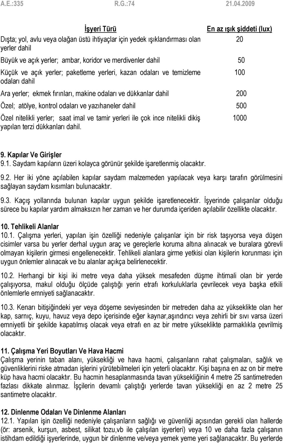 nitelikli yerler; saat imal ve tamir yerleri ile çok ince nitelikli dikiş yapılan terzi dükkanları dahil. 100 1000 9. Kapılar Ve Girişler 9.1. Saydam kapıların üzeri kolayca görünür şekilde işaretlenmiş olacaktır.