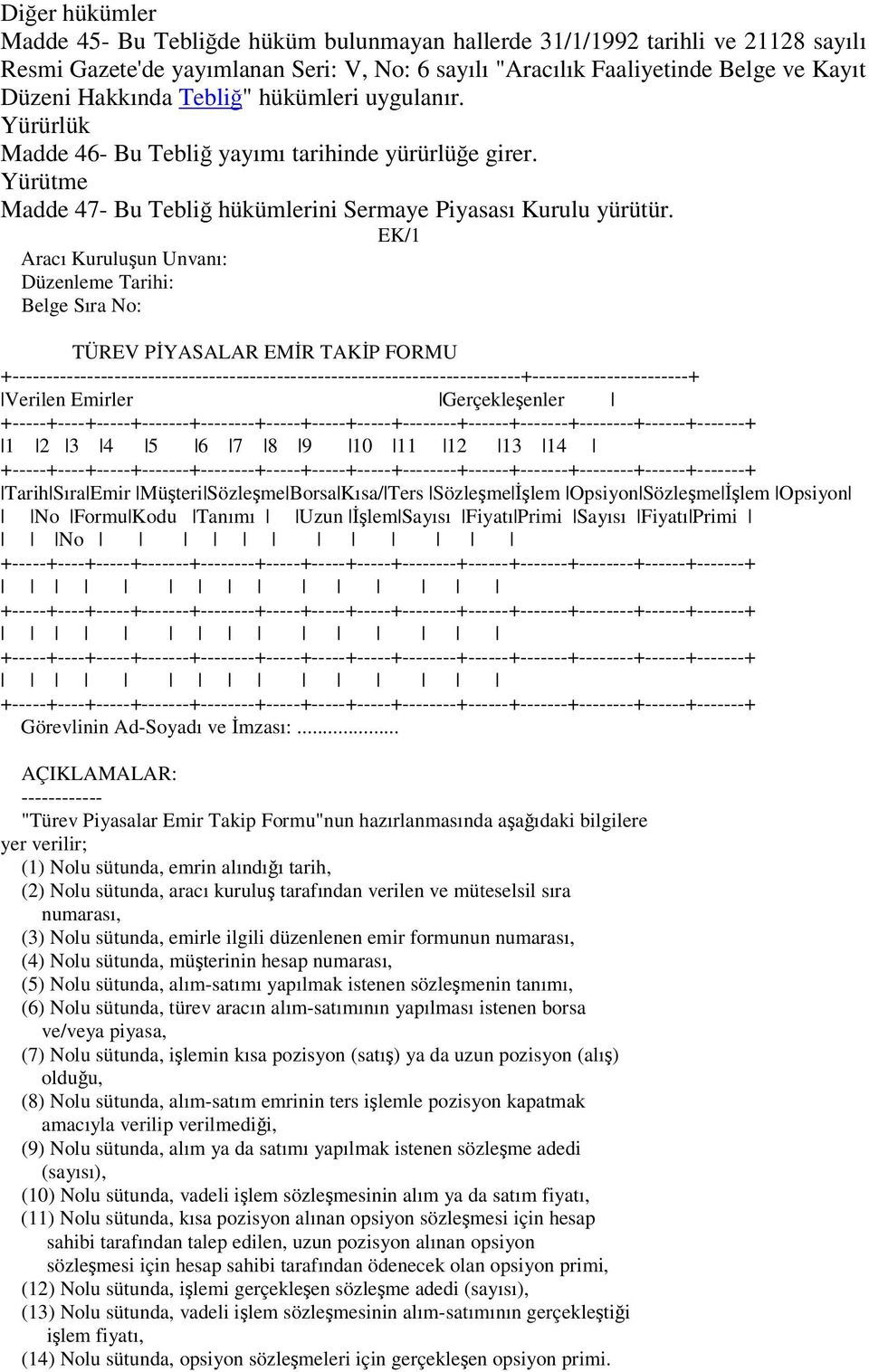 EK/1 Aracı Kuruluun Unvanı: Düzenleme Tarihi: Belge Sıra No: TÜREV PYASALAR EMR TAKP FORMU +---------------------------------------------------------------------------------- Verilen Emirler