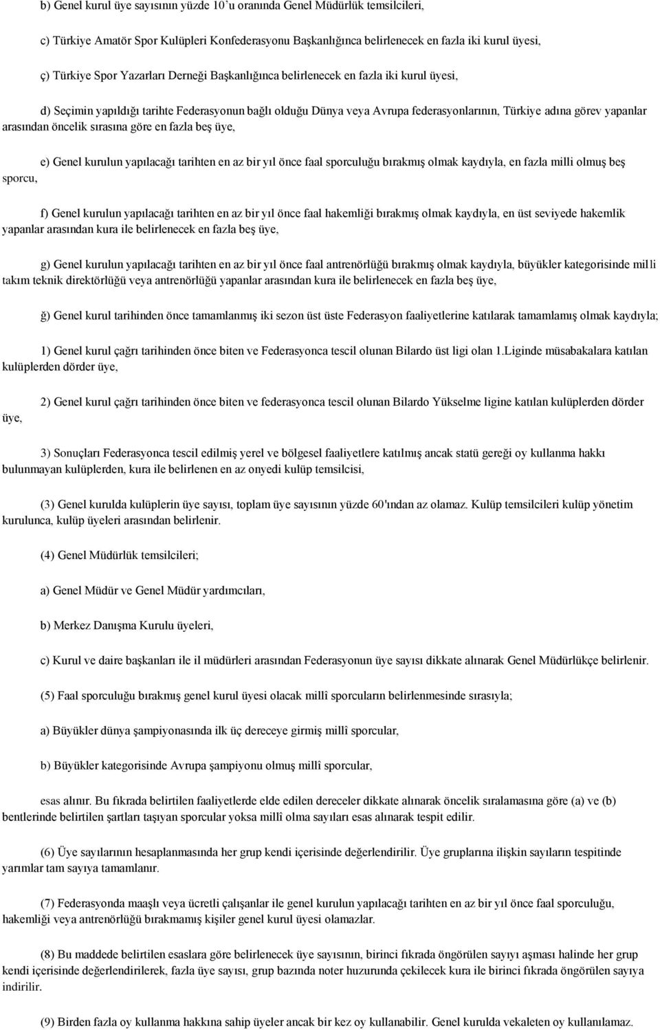 arasından öncelik sırasına göre en fazla beş üye, e) Genel kurulun yapılacağı tarihten en az bir yıl önce faal sporculuğu bırakmış olmak kaydıyla, en fazla milli olmuş beş sporcu, f) Genel kurulun