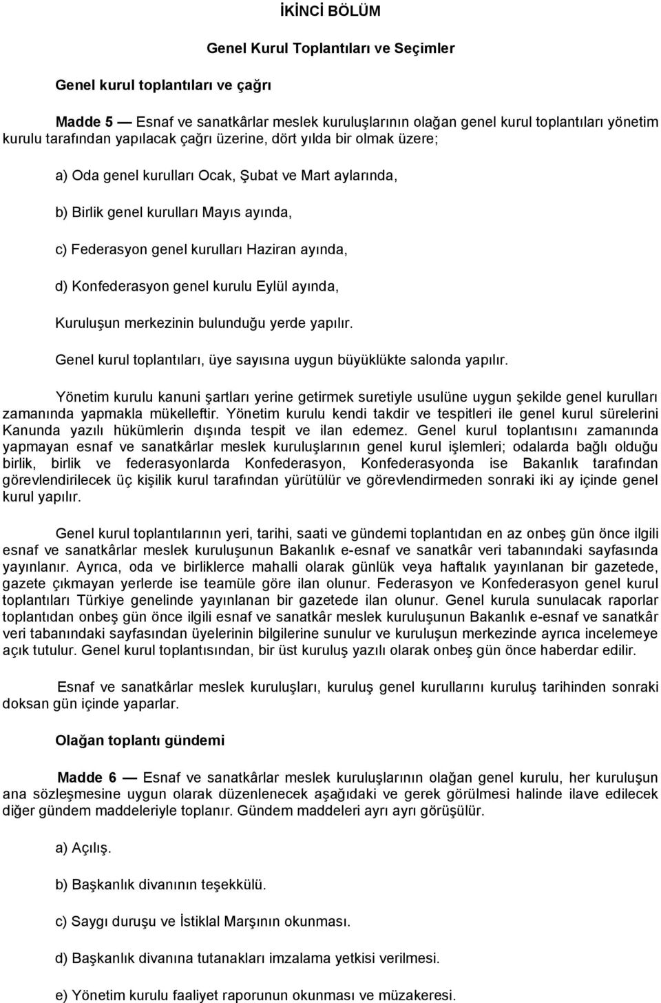 Konfederasyon genel kurulu Eylül ayında, Kuruluşun merkezinin bulunduğu yerde yapılır. Genel kurul toplantıları, üye sayısına uygun büyüklükte salonda yapılır.