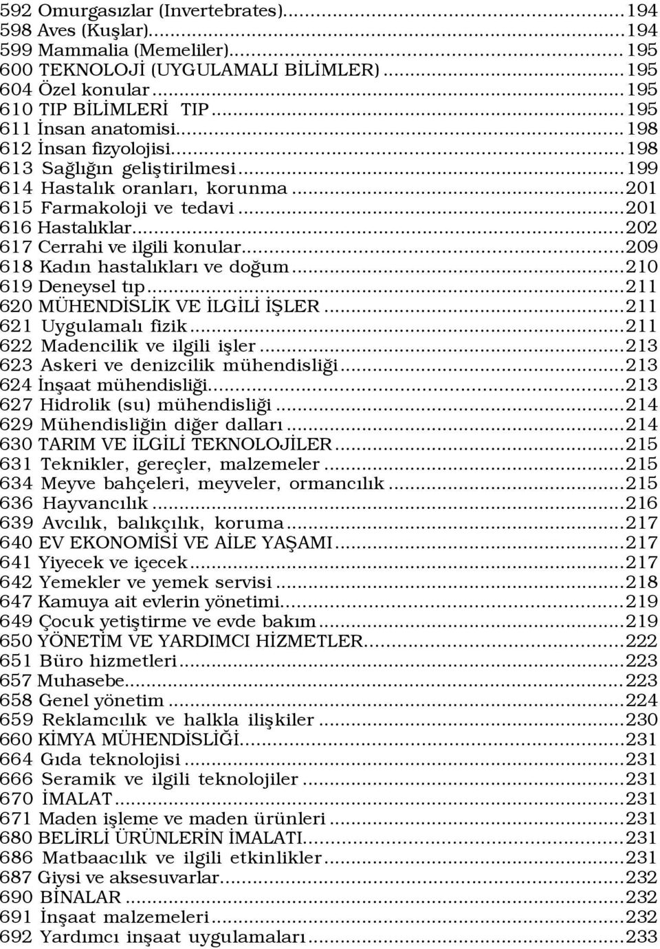 ..202 617 Cerrahi ve ilgili konular...209 618 KadÝn hastalýklarý ve doûum...210 619 Deneysel týp...211 620 M HENDÜSLÜK VE ÜLGÜLÜ ÜÞLER...211 621 UygulamalÝ fizik...211 622 Madencilik ve ilgili ißler.