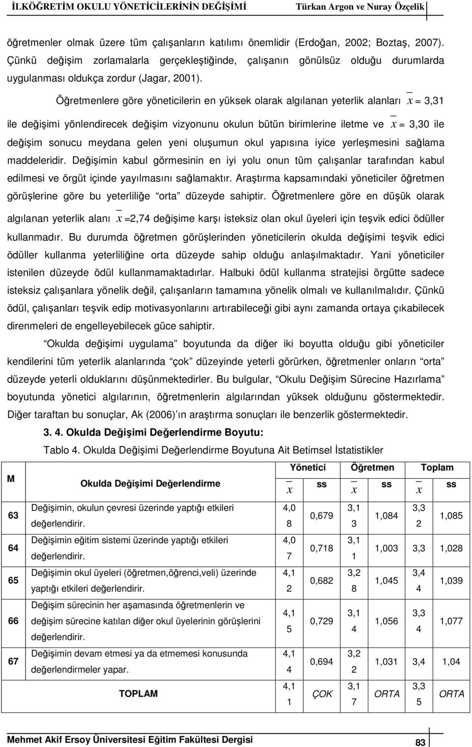 Öğretmenlere göre yöneticilerin en yüksek olarak algılanan yeterlik alanları = 3,31 ile değişimi yönlendirecek değişim vizyonunu okulun bütün birimlerine iletme ve = 3,30 ile değişim sonucu meydana