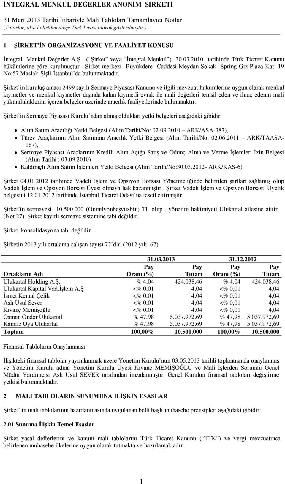 Şirket in kuruluş amacı 2499 sayılı Sermaye Piyasası Kanunu ve ilgili mevzuat hükümlerine uygun olarak menkul kıymetler ve menkul kıymetler dışında kalan kıymetli evrak ile mali değerleri temsil eden