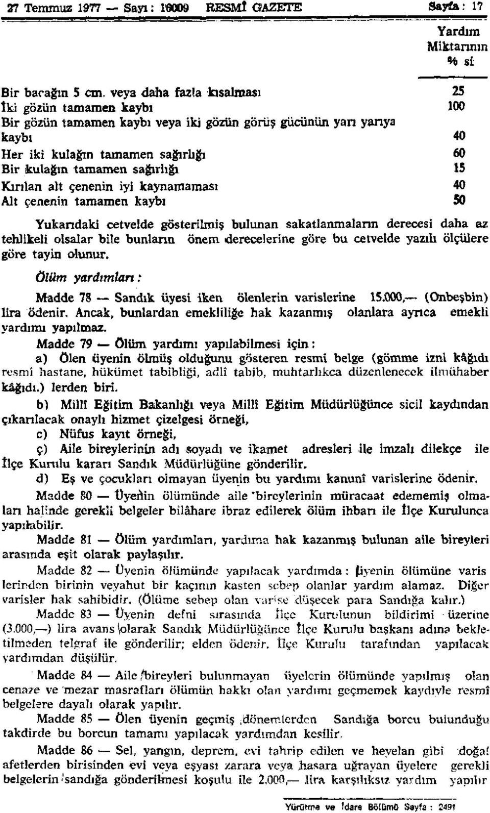 Kırılan alt çenenin iyi kaynamaması 40 Alt çenenin tamamen kaybı 50 Yukarıdaki cetvelde gösterilmiş bulunan sakatlanmaların derecesi daha az tehlikeli olsalar bile bunların önem derecelerine göre bu