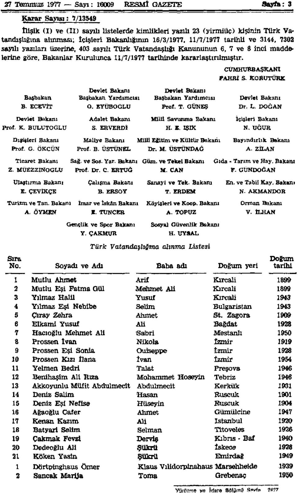 Başbakan B. ECEVİT Devlet Bakanı Prof. K. BULUTOĞLU Dışişleri Bakanı Prof. G. ÖKCÜN Ticaret Bakanı Z. MÜEZZİNOGLU Ulaştırma Bakanı E. ÇEVİKÇE Turizm ve Tan. Bakanı A.