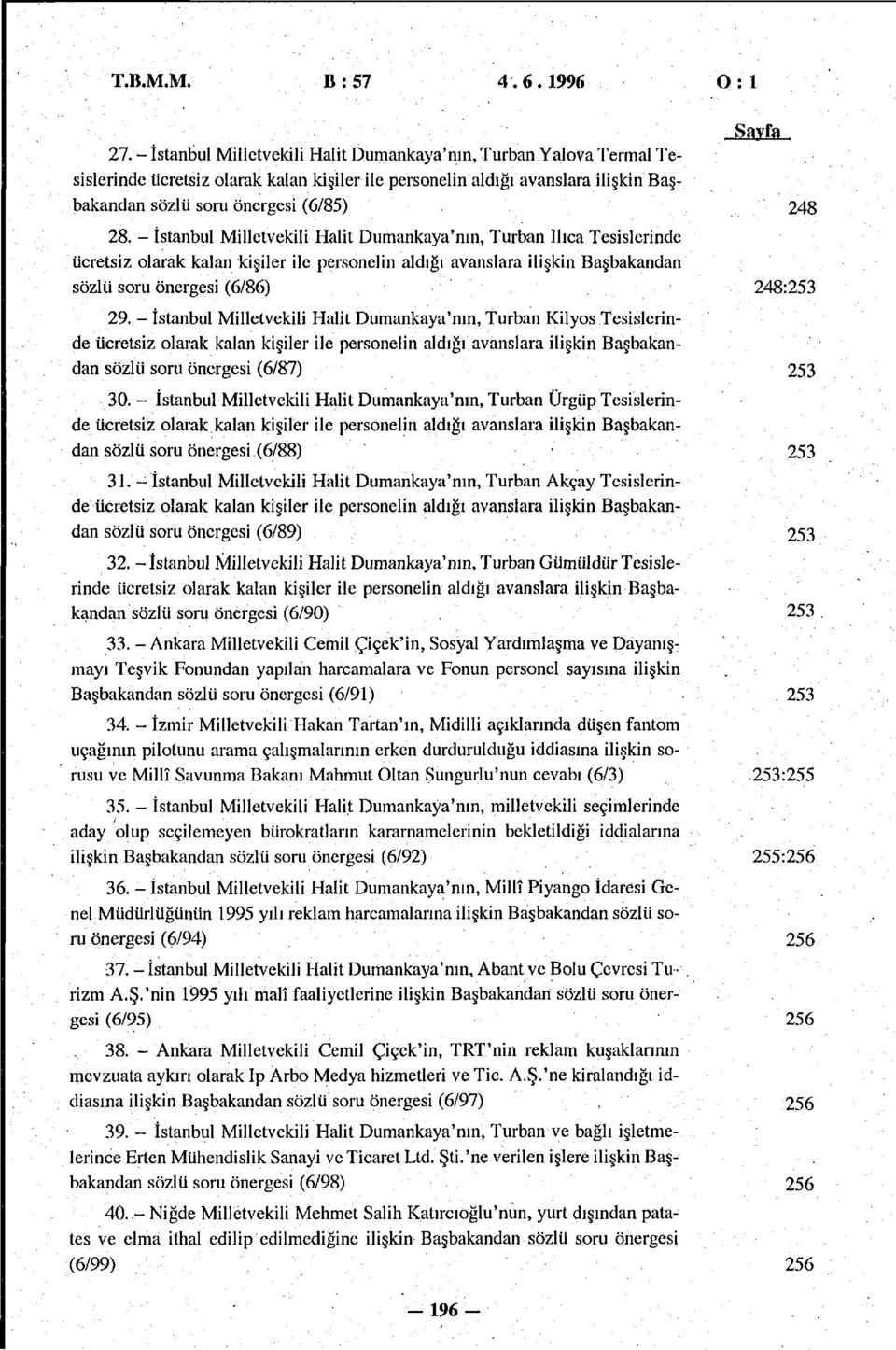 - İstanbul Milletvekili Halit Dumankaya'mn, Turban Ilıca Tesislerinde ücretsiz olarak kalan kişiler ile personelin aldığı avanslara ilişkin Başbakandan sözlü soru önergesi (6/86) 248:253 29.