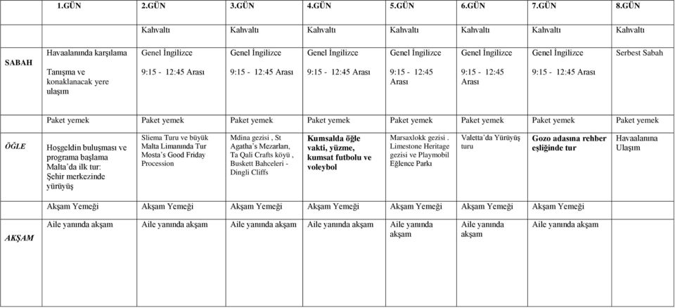 9:15-12:45 Arası 9:15-12:45 Arası Serbest Sabah Paket yemek Paket yemek Paket yemek Paket yemek Paket yemek Paket yemek Paket yemek Paket yemek ÖĞLE Hoşgeldin buluşması ve programa başlama Malta da