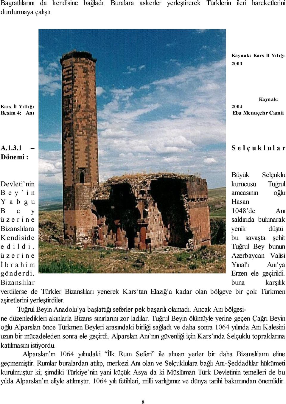 Kaynak: Kars İl Yıllığı 2004 Resim 4: Anı Ebu Menuçehr Camii A.1.3.