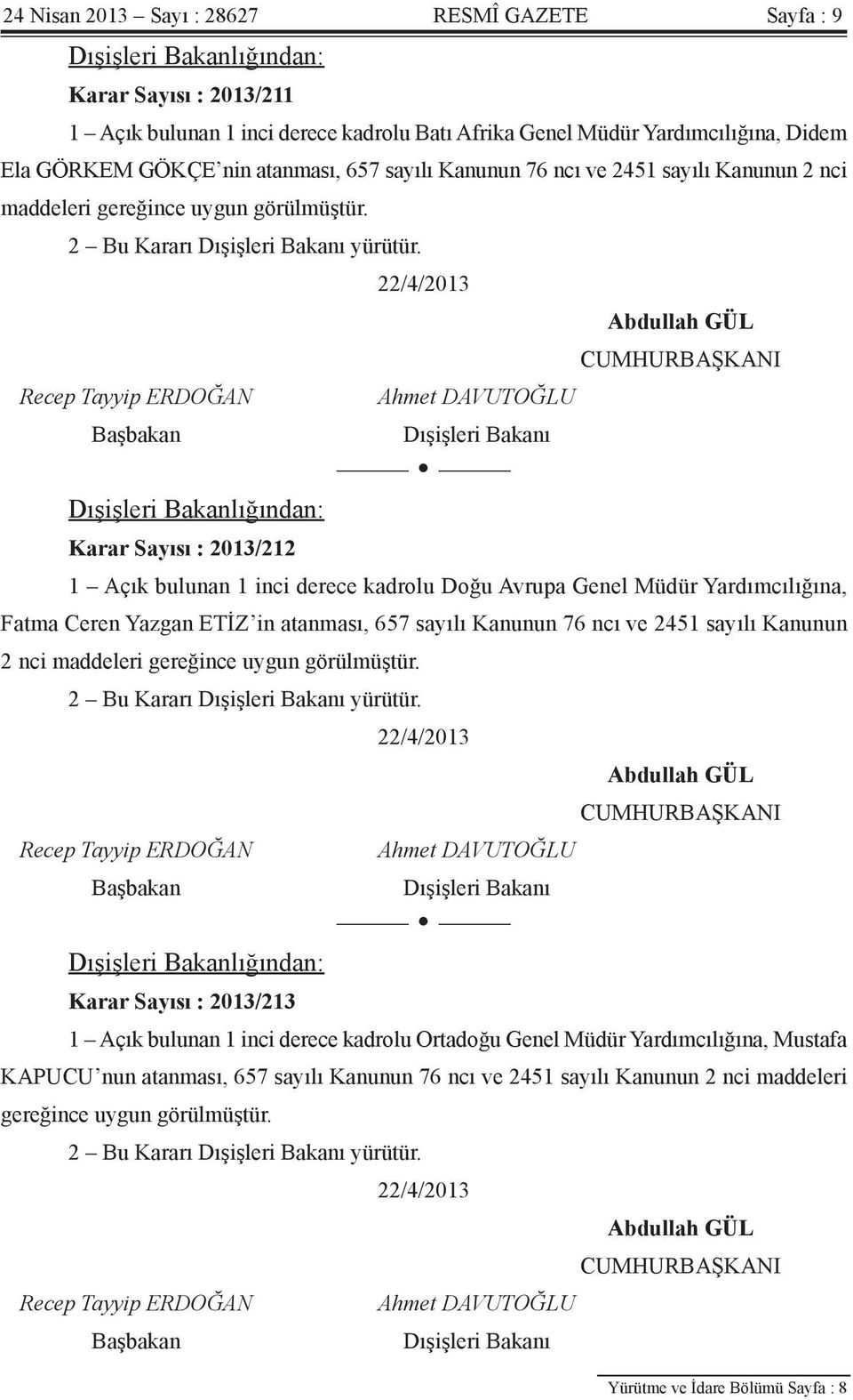 22/4/2013 Abdullah GÜL CUMHURBAŞKANI Recep Tayyip ERDOĞAN Ahmet DAVUTOĞLU Başbakan Dışişleri Bakanı Dışişleri Bakanlığından: Karar Sayısı : 2013/212 1 Açık bulunan 1 inci derece kadrolu Doğu Avrupa